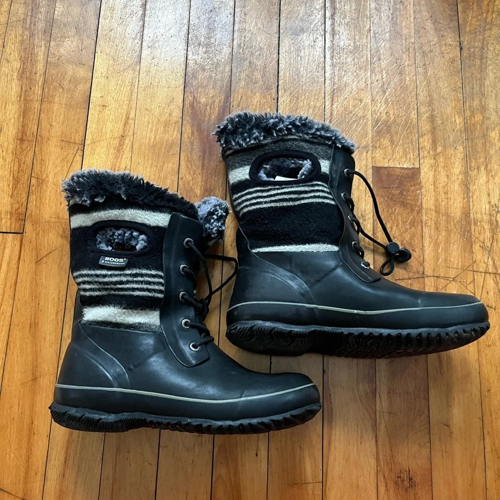 Bogs Arcata Stripe Black Waterproof Wool-Blend‎ Winter Boots Big Kids 5